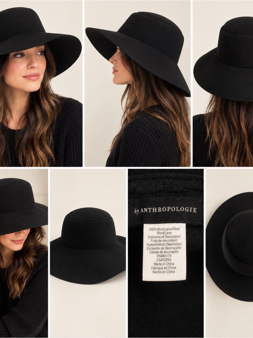 Anthropologie Black Wide-Brim Wool Floppy Hat